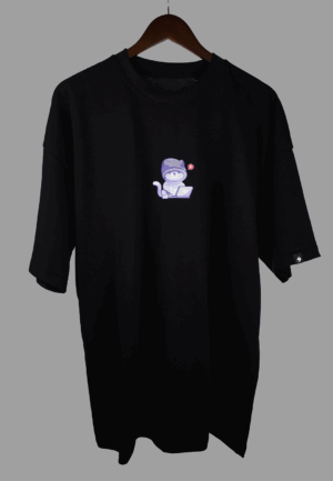 oversize black t-shirt με στάμπα hacker cat